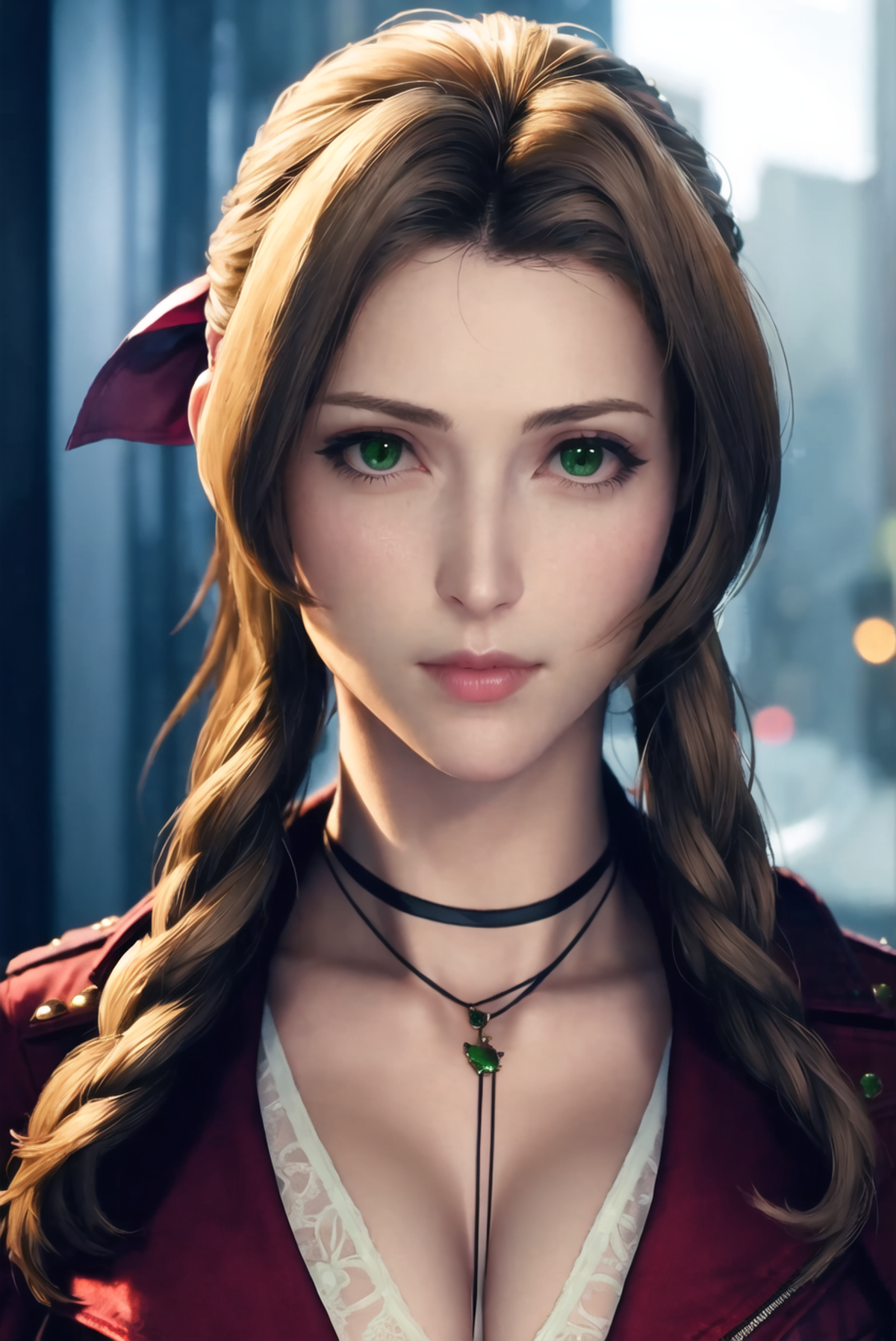 ff7r style, aerith gainsborough, 1girl, solo, realistic, green eyes, brown hair, long hair, blurry, looking at viewer, red...